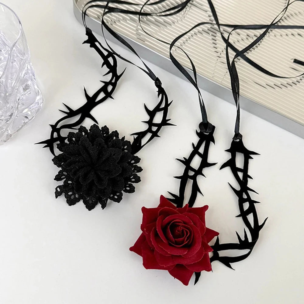 Women’s Gothic Rose Thorn Choker Necklace – Black Lace Floral Necklace for Halloween & Parties
