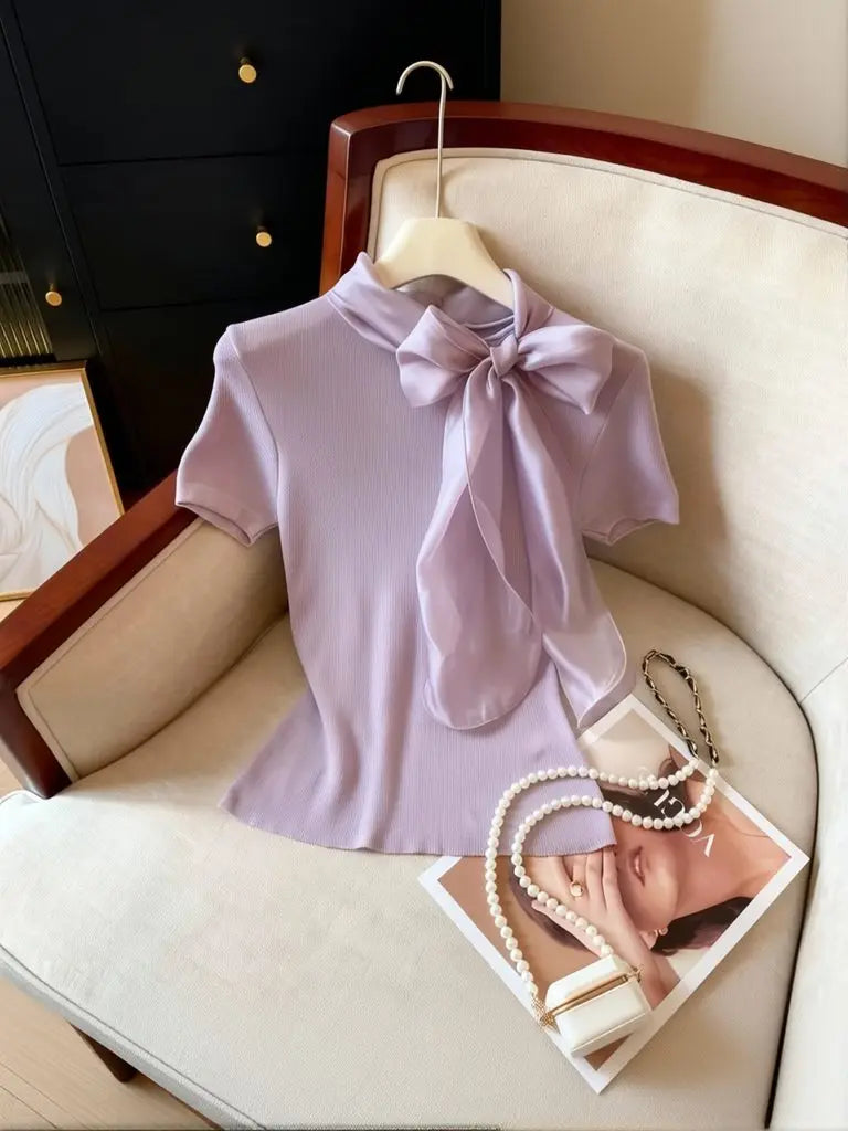 Knit Summer Short Sleeve Tee Women Elegant Luxury Bow Tied T shirt Korean Sweet Work wear Basic Plain Shirt Slim Fitted Pullover