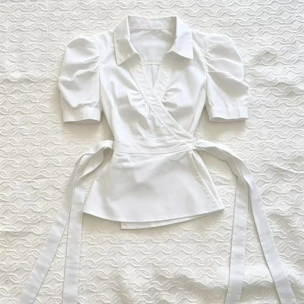 Vintage Elegant Tees Women Slim Back Bandage Shirt Button High Neck Ladies T-shirt Summer Commuter Short Sleeve Female Y2k Tops