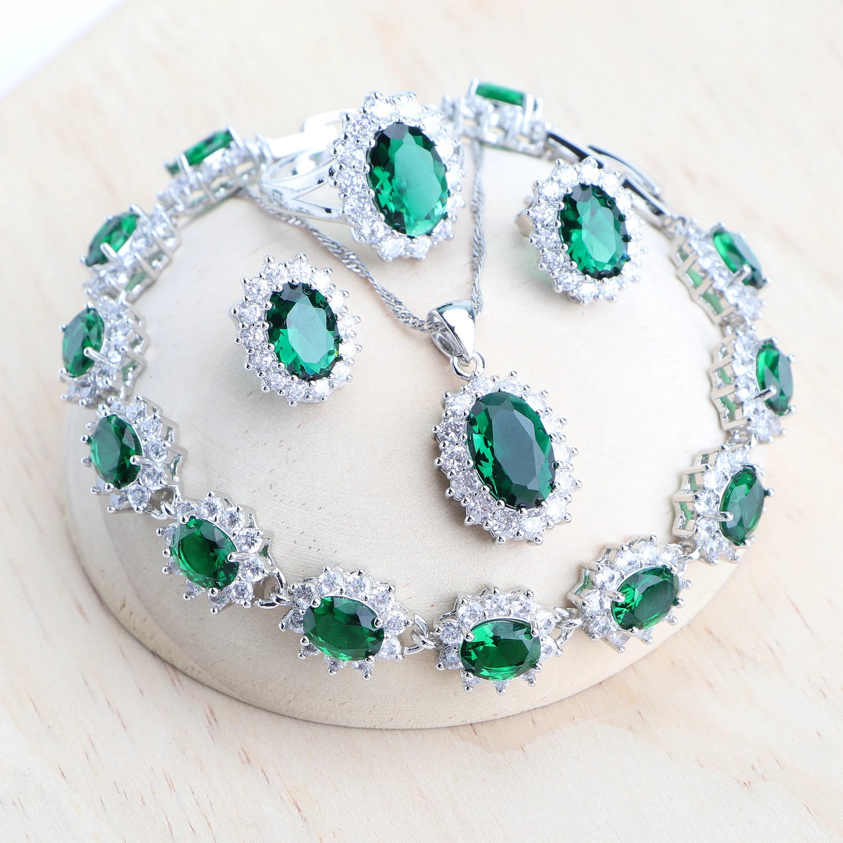 925 Sterling Bridal Jewelry Set – Zirconia Necklace Earrings Ring Bracelet