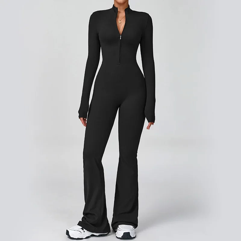 Women's Zipper Flared Jumpsuit – Yoga Gym Sportswear