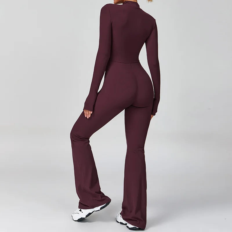 Women's Zipper Flared Jumpsuit – Yoga Gym Sportswear
