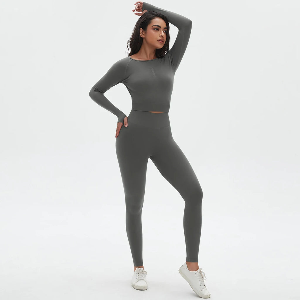 Women's 2-Piece Seamless Workout Set – Long Sleeve Top & High Waist Leggings