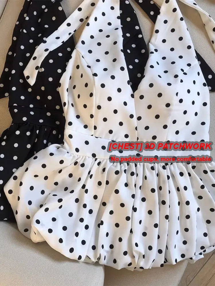 Backless Sexy Halter Beach Babydoll Crop Tops Women Polka Dots V Neck Sleeveless T Shirt Ruffles Basic Tees Not-Padded Pad