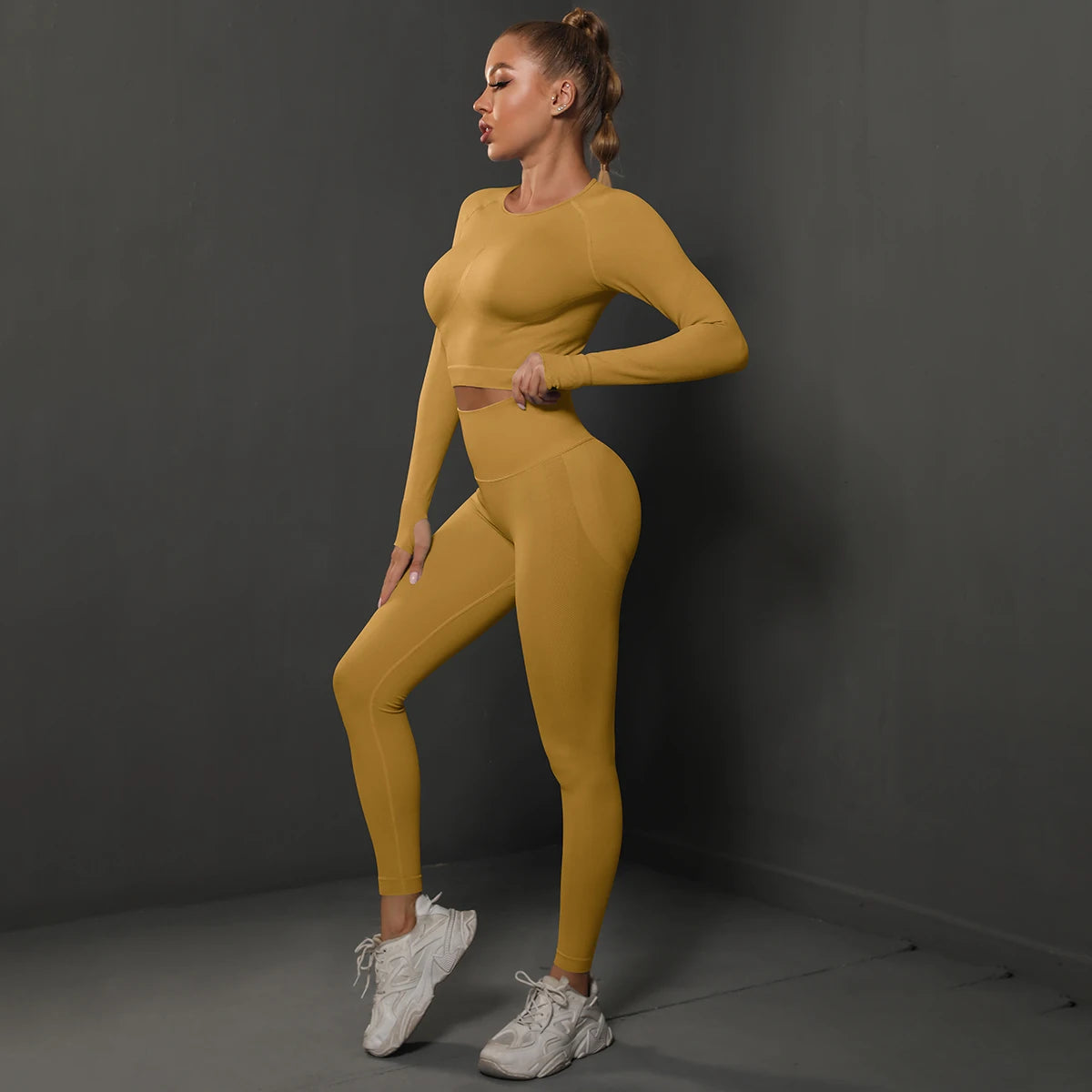 Women's 2-Piece Seamless Gym Set | High Waist Leggings + Long Sleeve Top | Yoga, Running & Fitness Tracksuit