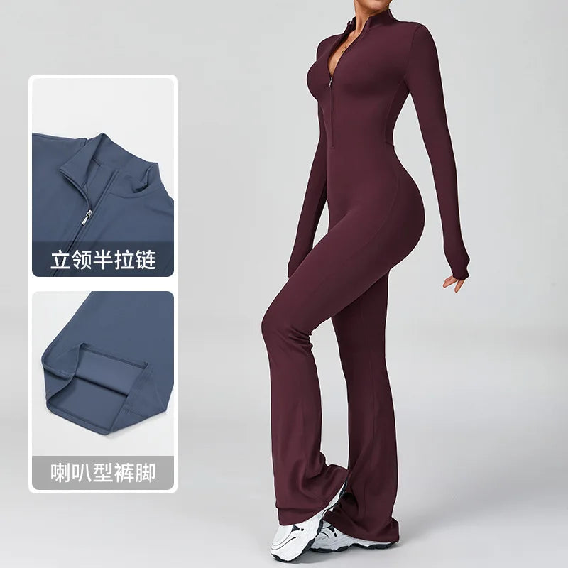 Women's Zipper Flared Jumpsuit – Yoga Gym Sportswear