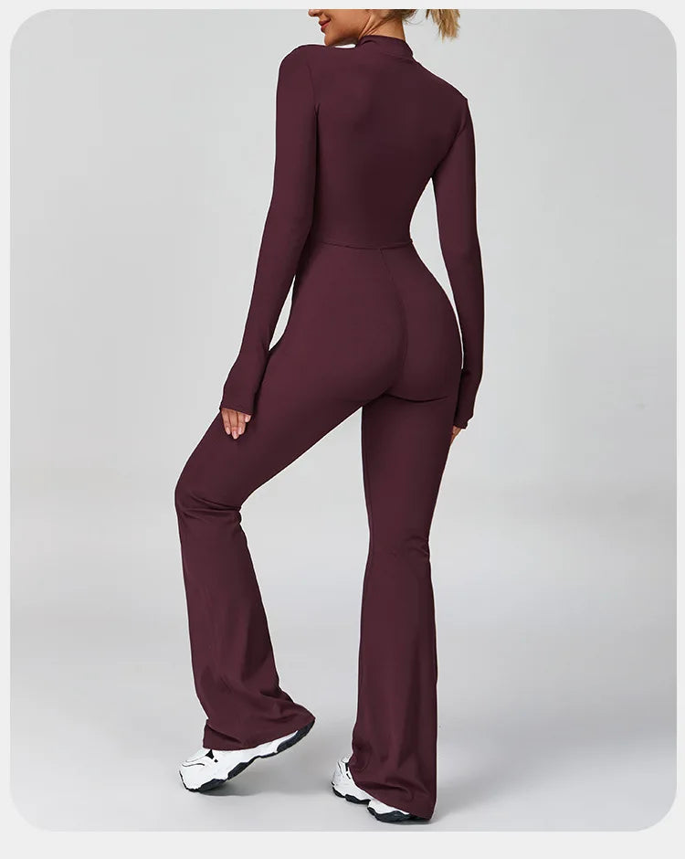 Women's Zipper Flared Jumpsuit – Yoga Gym Sportswear