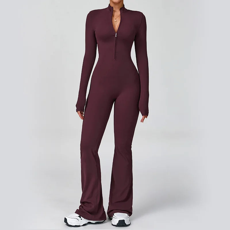 Women's Zipper Flared Jumpsuit – Yoga Gym Sportswear