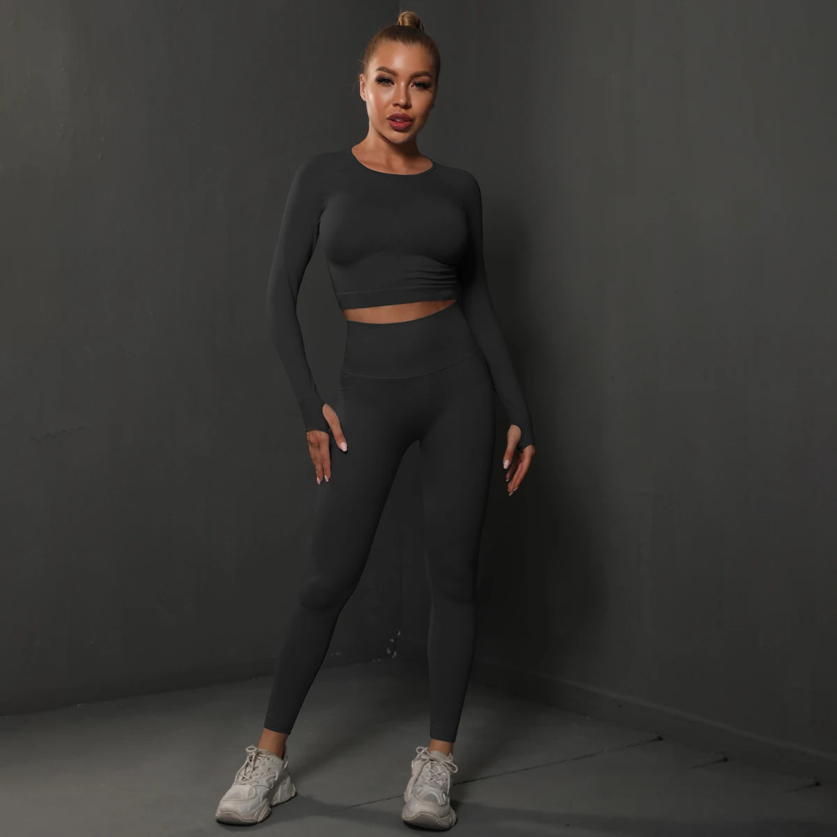 Women's 2-Piece Seamless Gym Set | High Waist Leggings + Long Sleeve Top | Yoga, Running & Fitness Tracksuit