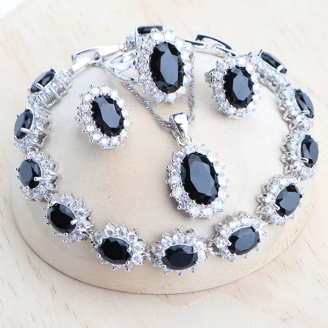 925 Sterling Bridal Jewelry Set – Zirconia Necklace Earrings Ring Bracelet