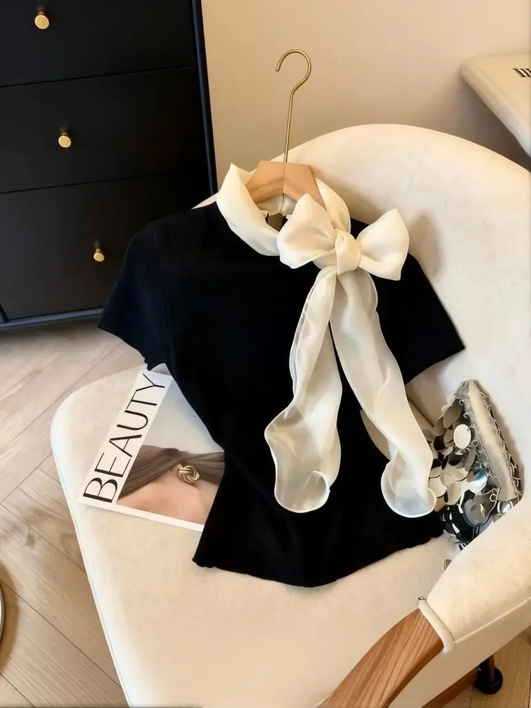 Knit Summer Short Sleeve Tee Women Elegant Luxury Bow Tied T shirt Korean Sweet Work wear Basic Plain Shirt Slim Fitted Pullover