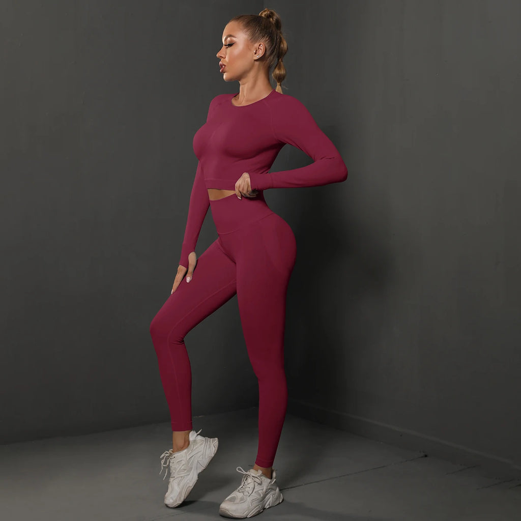 Women's 2-Piece Seamless Gym Set | High Waist Leggings + Long Sleeve Top | Yoga, Running & Fitness Tracksuit