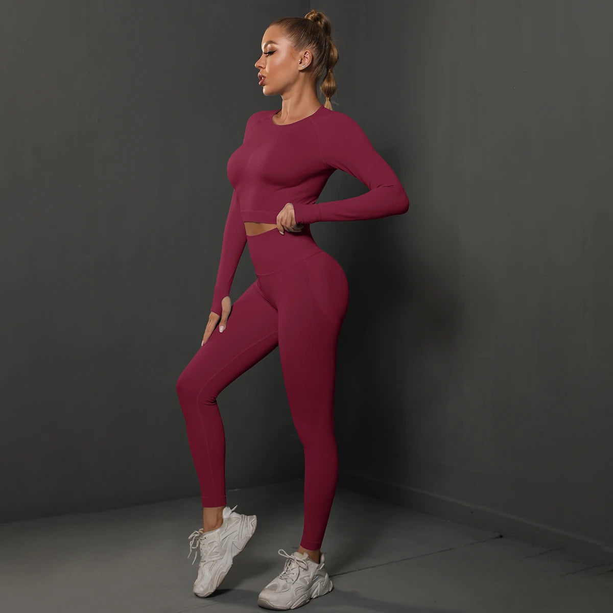 Women's 2-Piece Seamless Gym Set | High Waist Leggings + Long Sleeve Top | Yoga, Running & Fitness Tracksuit