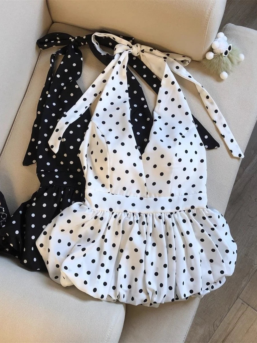 Backless Sexy Halter Beach Babydoll Crop Tops Women Polka Dots V Neck Sleeveless T Shirt Ruffles Basic Tees Not-Padded Pad