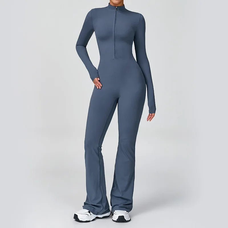 Women's Zipper Flared Jumpsuit – Yoga Gym Sportswear