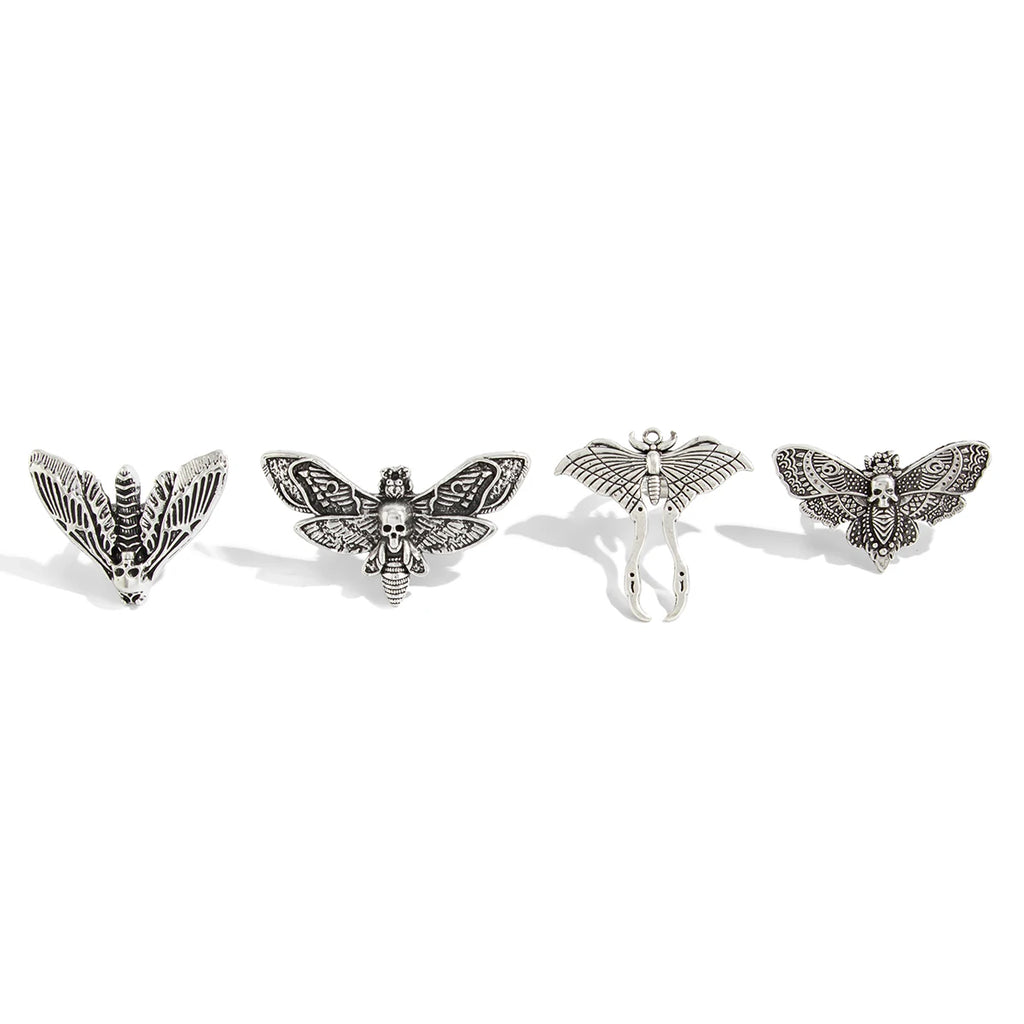 Salircon 4Pcs Goth Butterfly Moth Skull Ring Set – Women's Punk Jewelry