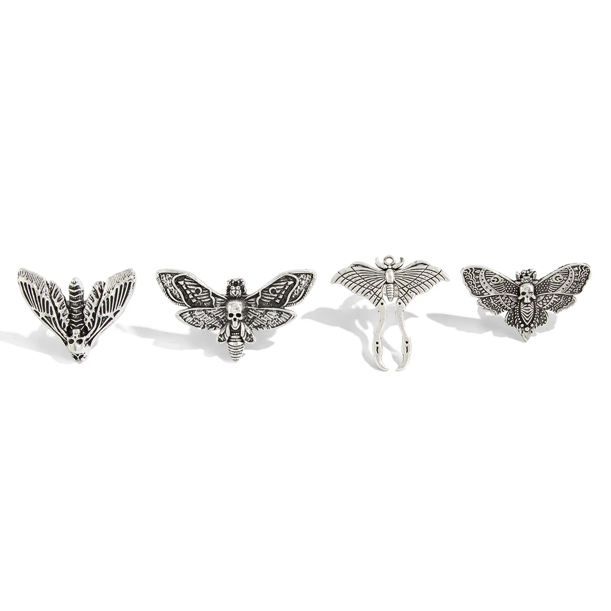 Salircon 4Pcs Goth Butterfly Moth Skull Ring Set – Women's Punk Jewelry