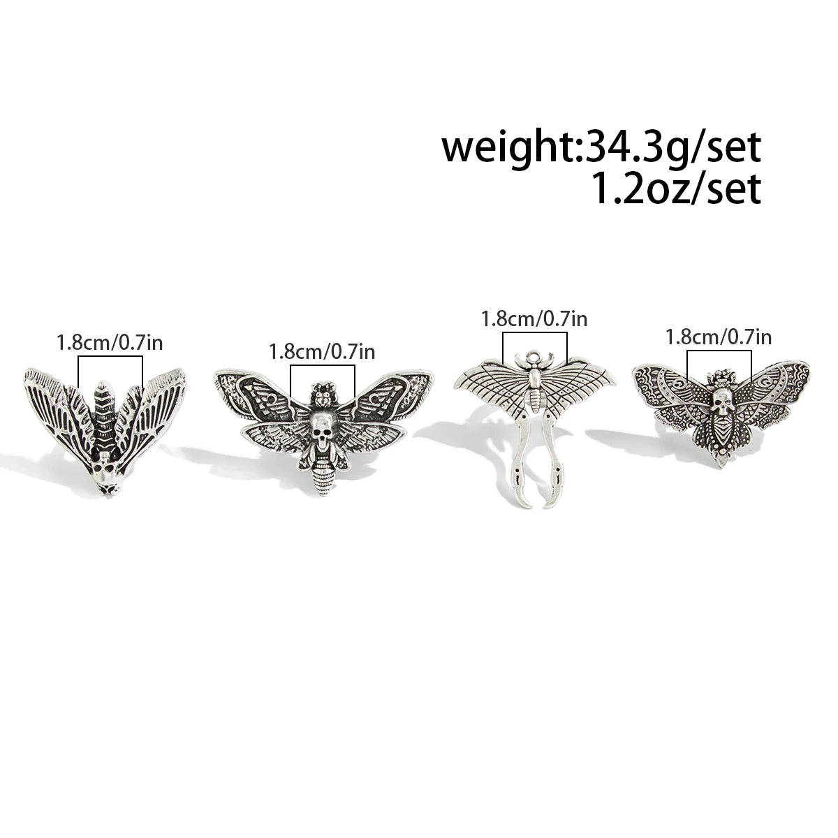 Salircon 4Pcs Goth Butterfly Moth Skull Ring Set – Women's Punk Jewelry