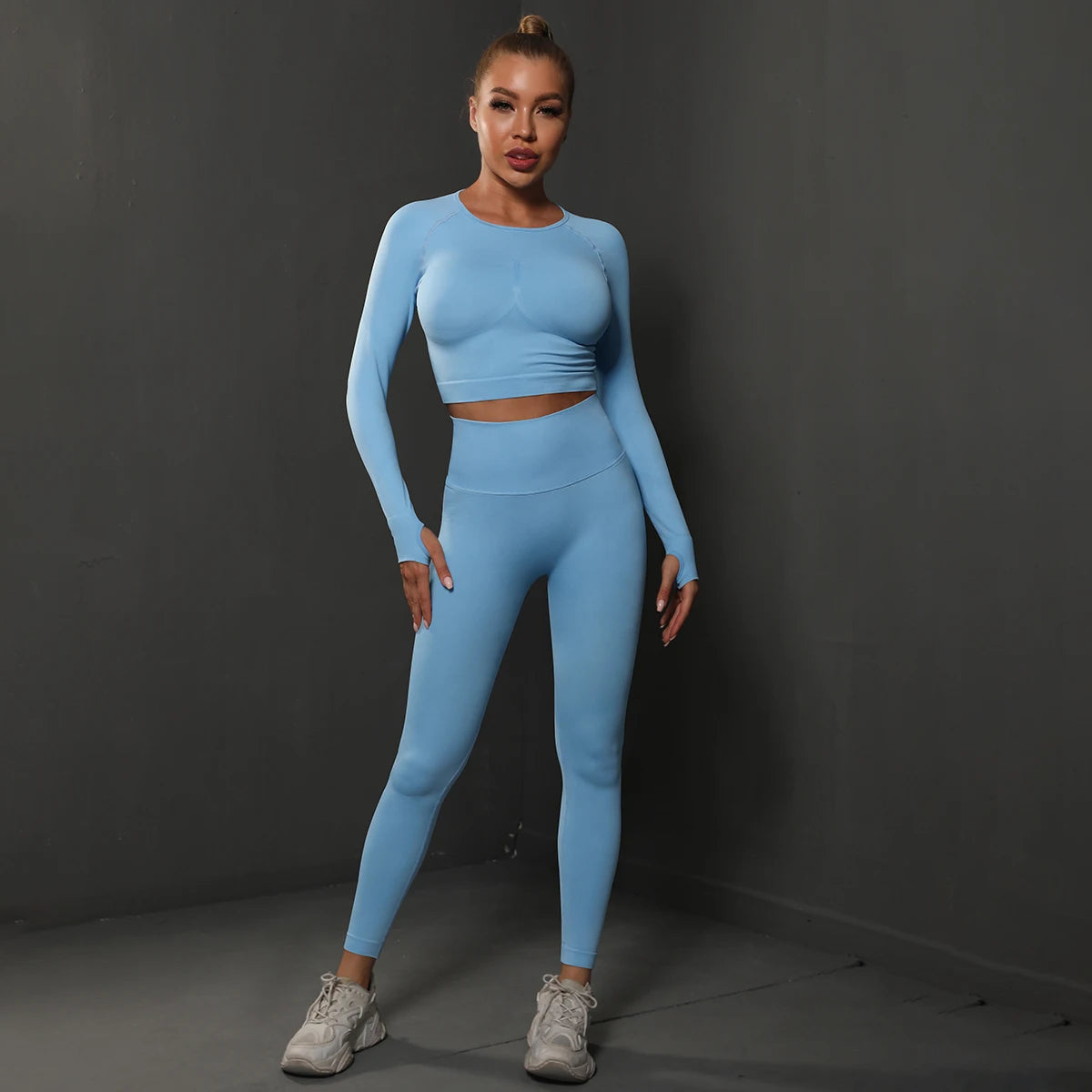 Women's 2-Piece Seamless Gym Set | High Waist Leggings + Long Sleeve Top | Yoga, Running & Fitness Tracksuit