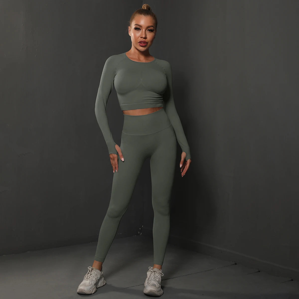 Women's 2-Piece Seamless Gym Set | High Waist Leggings + Long Sleeve Top | Yoga, Running & Fitness Tracksuit