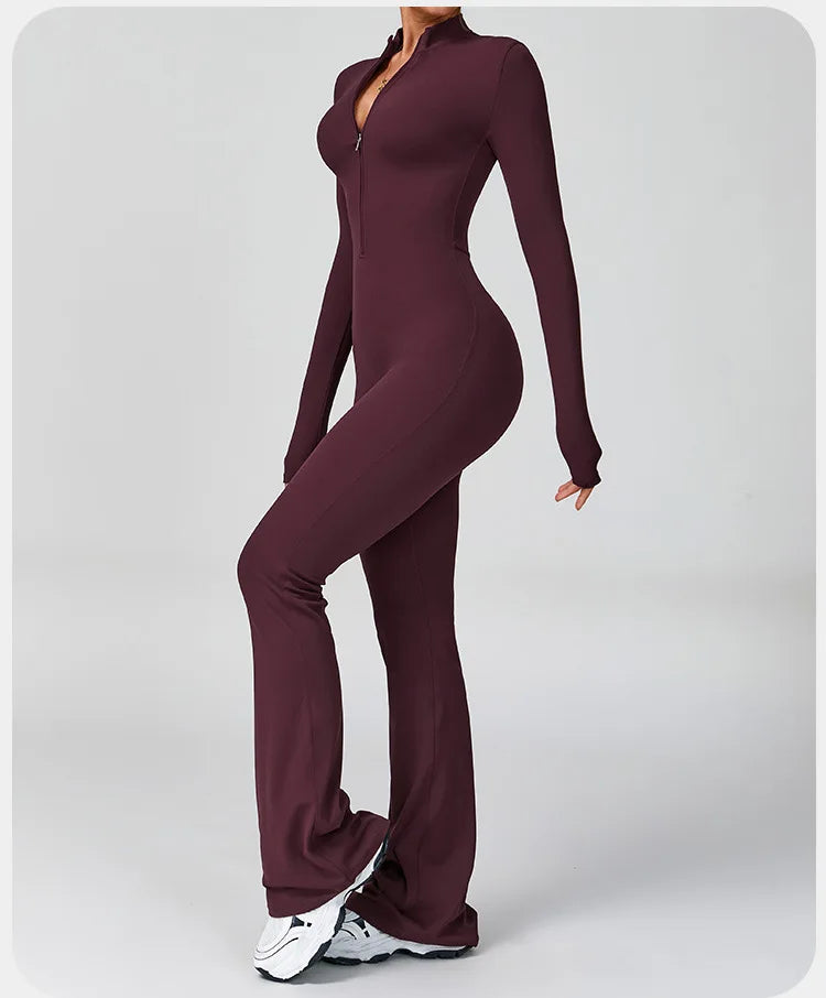 Women's Zipper Flared Jumpsuit – Yoga Gym Sportswear