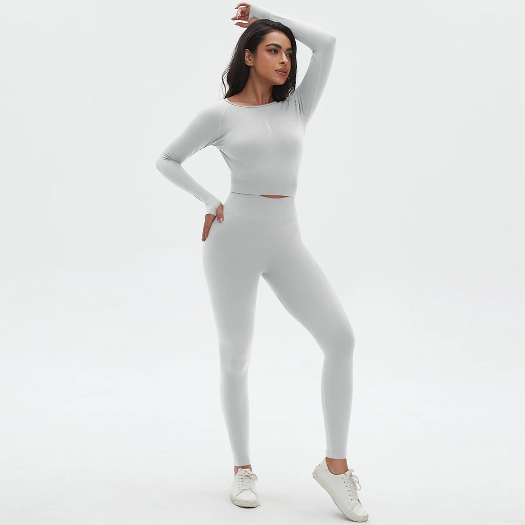 Women's 2-Piece Seamless Workout Set – Long Sleeve Top & High Waist Leggings