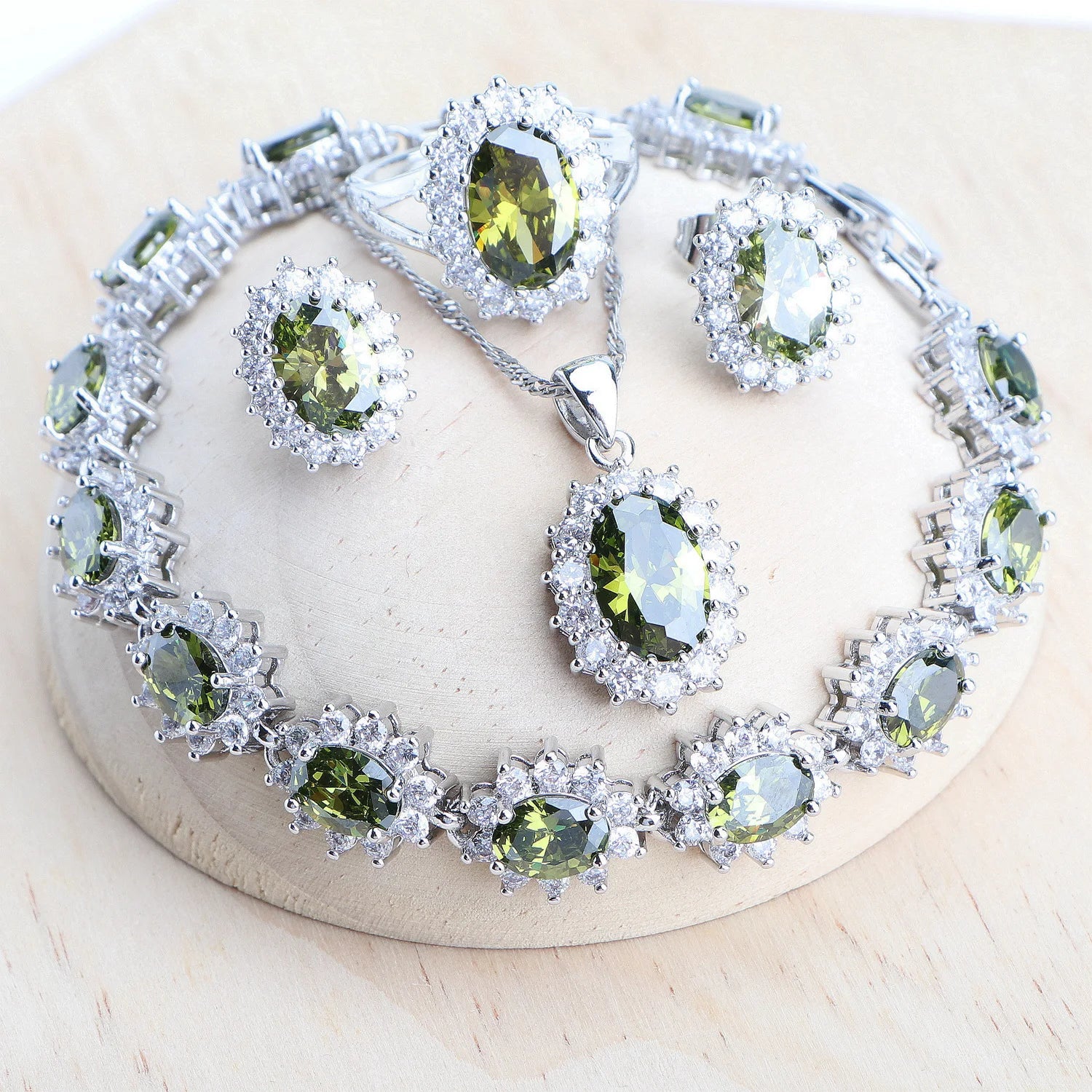 925 Sterling Bridal Jewelry Set – Zirconia Necklace Earrings Ring Bracelet