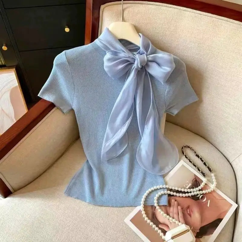 Knit Summer Short Sleeve Tee Women Elegant Luxury Bow Tied T shirt Korean Sweet Work wear Basic Plain Shirt Slim Fitted Pullover