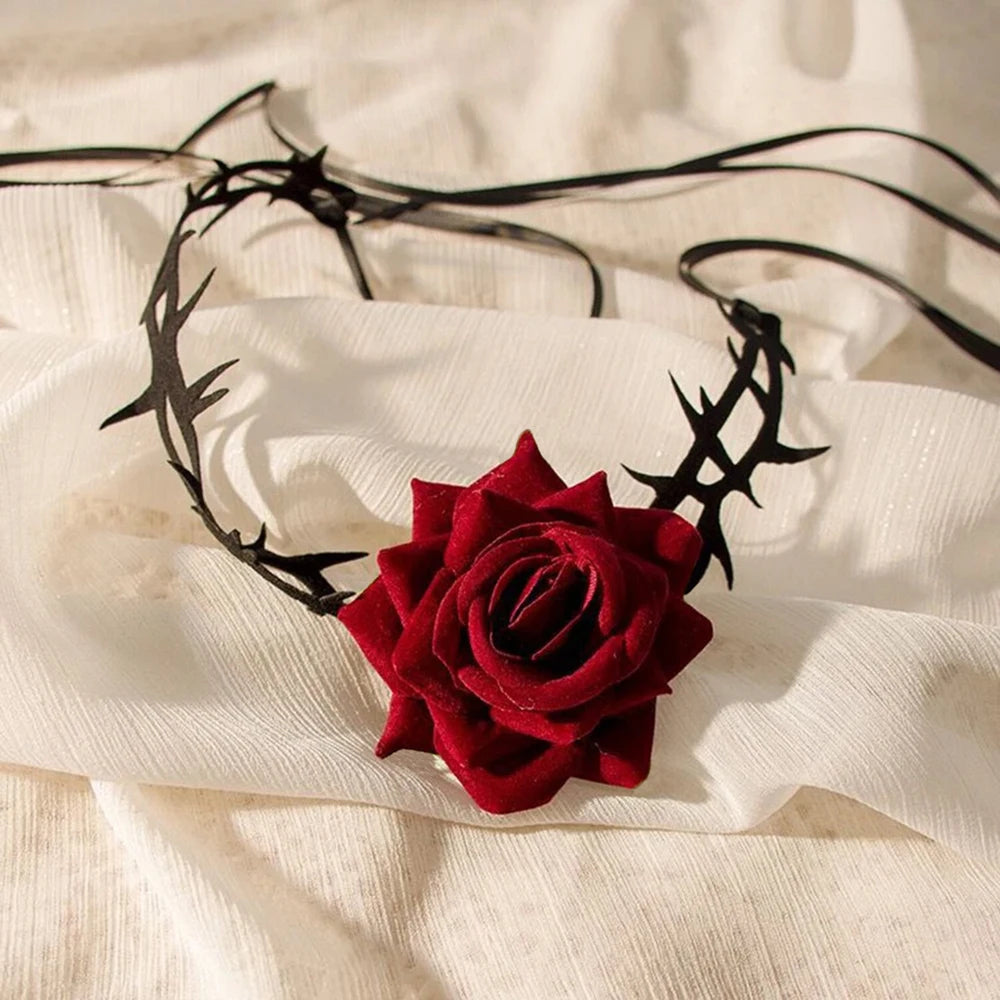 Women’s Gothic Rose Thorn Choker Necklace – Black Lace Floral Necklace for Halloween & Parties