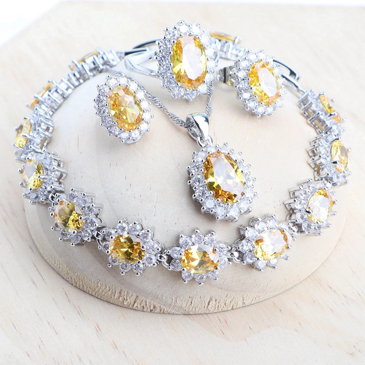 925 Sterling Bridal Jewelry Set – Zirconia Necklace Earrings Ring Bracelet