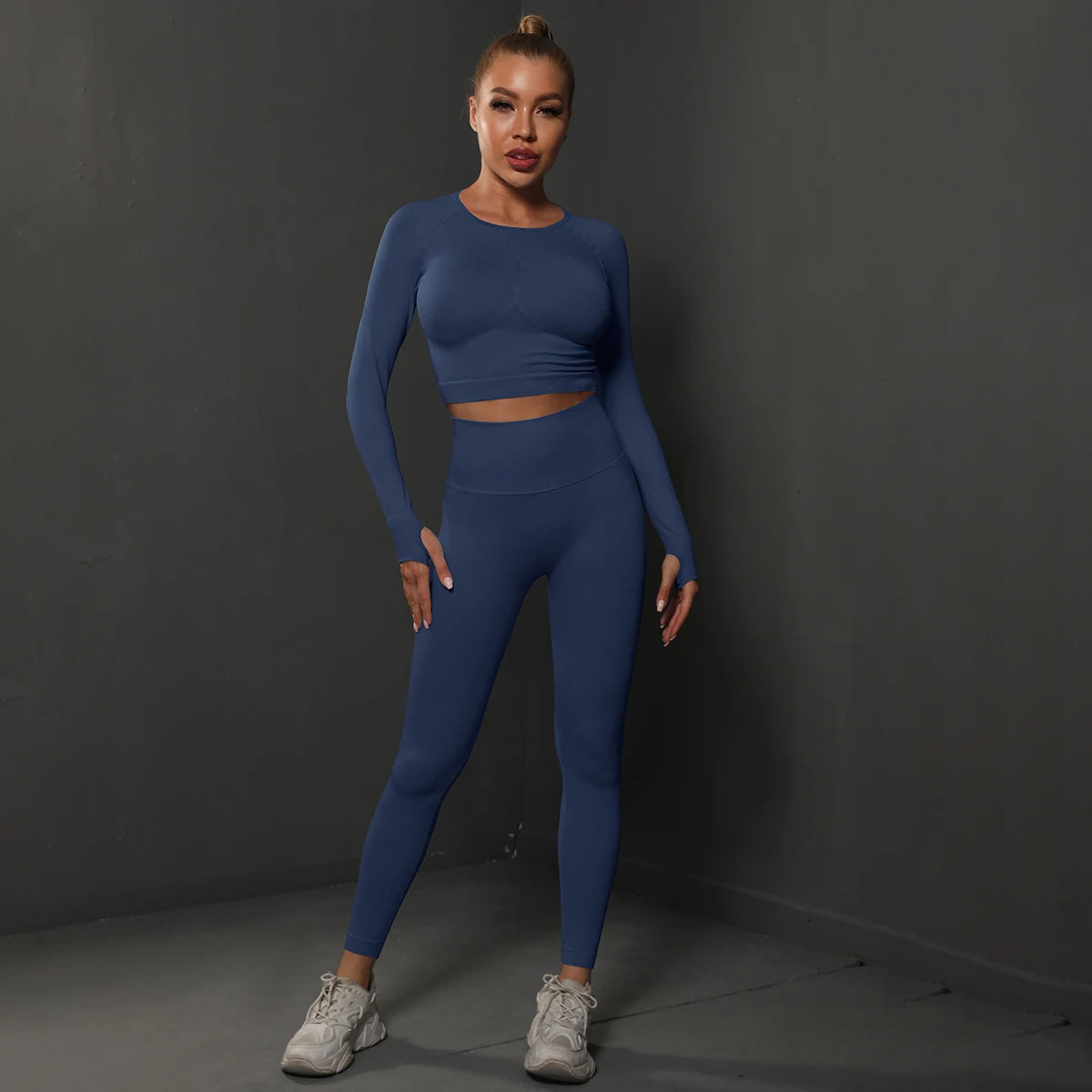 Women's 2-Piece Seamless Gym Set | High Waist Leggings + Long Sleeve Top | Yoga, Running & Fitness Tracksuit