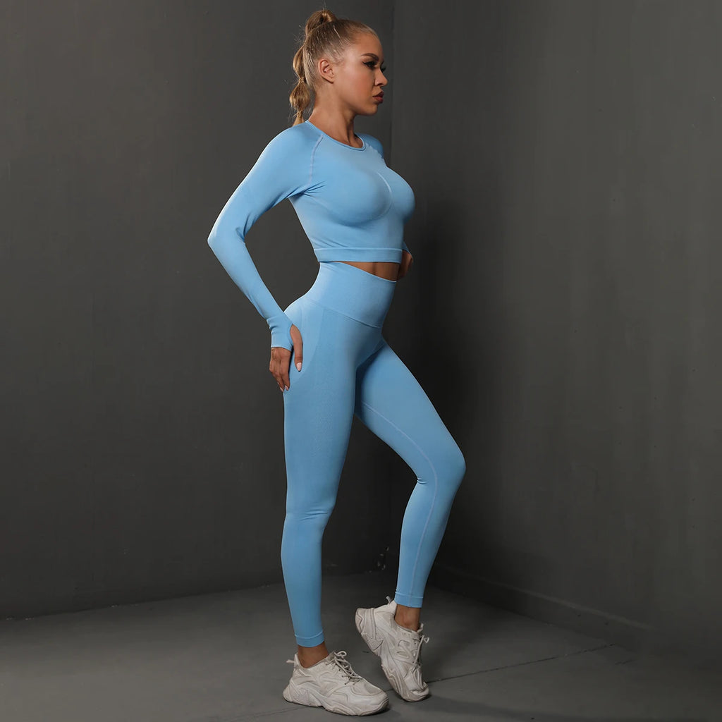 Women's 2-Piece Seamless Gym Set | High Waist Leggings + Long Sleeve Top | Yoga, Running & Fitness Tracksuit
