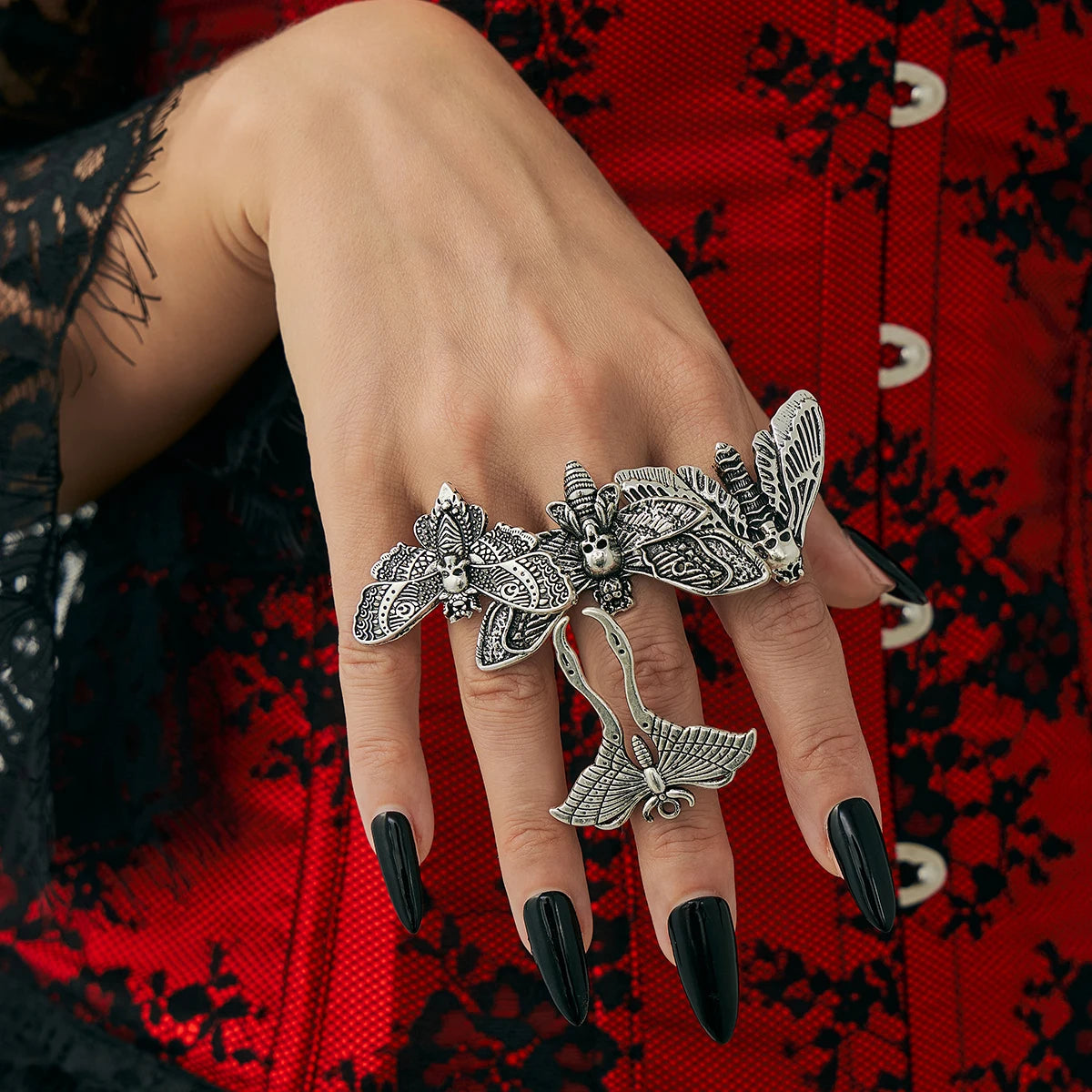 Salircon 4Pcs Goth Butterfly Moth Skull Ring Set – Women's Punk Jewelry