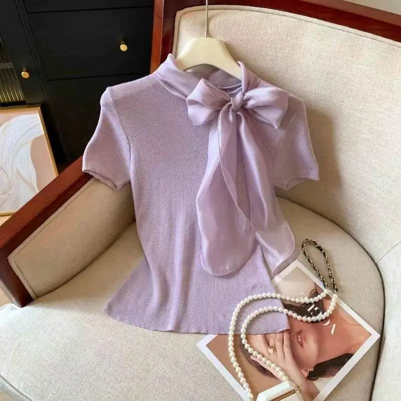 Knit Summer Short Sleeve Tee Women Elegant Luxury Bow Tied T shirt Korean Sweet Work wear Basic Plain Shirt Slim Fitted Pullover