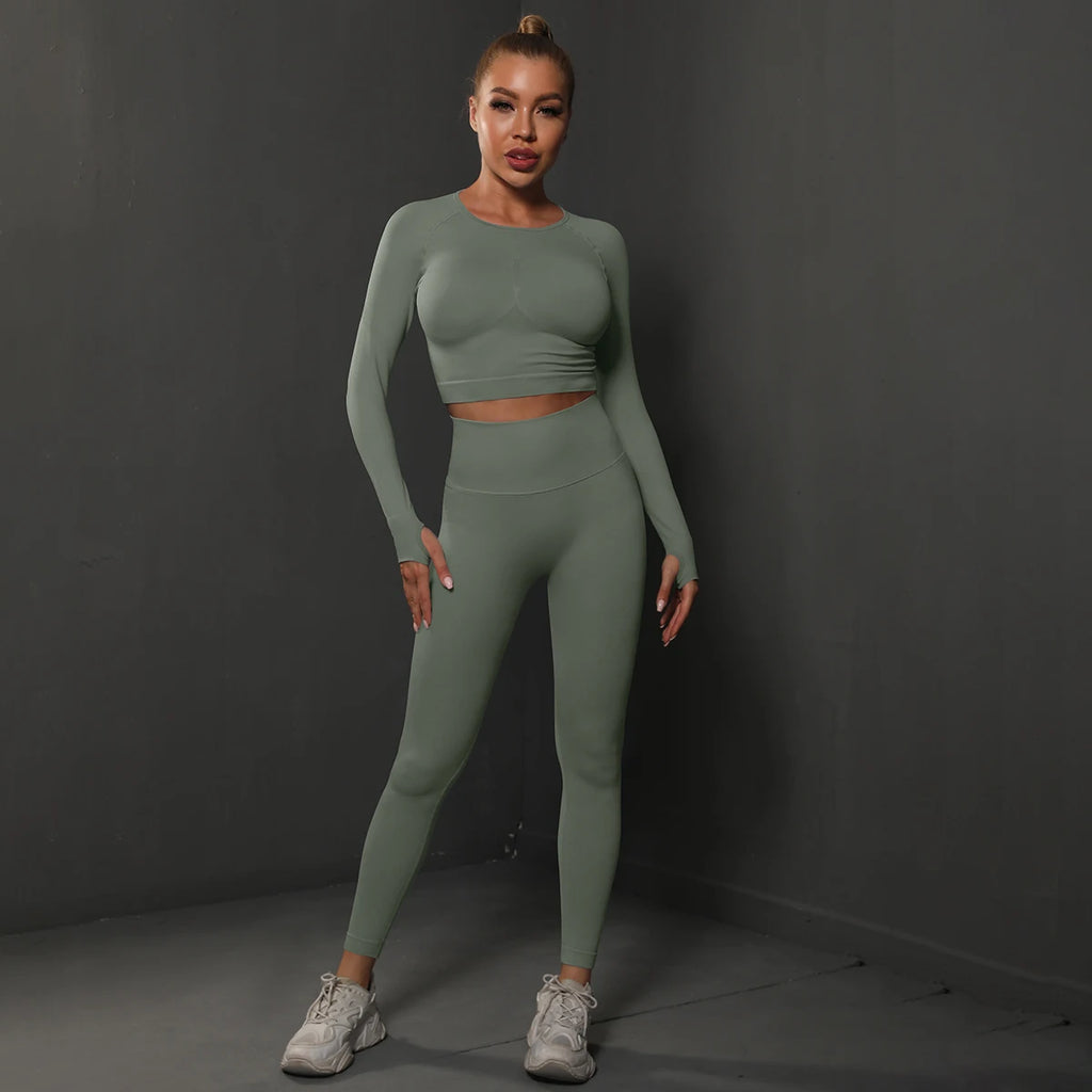 Women's 2-Piece Seamless Gym Set | High Waist Leggings + Long Sleeve Top | Yoga, Running & Fitness Tracksuit