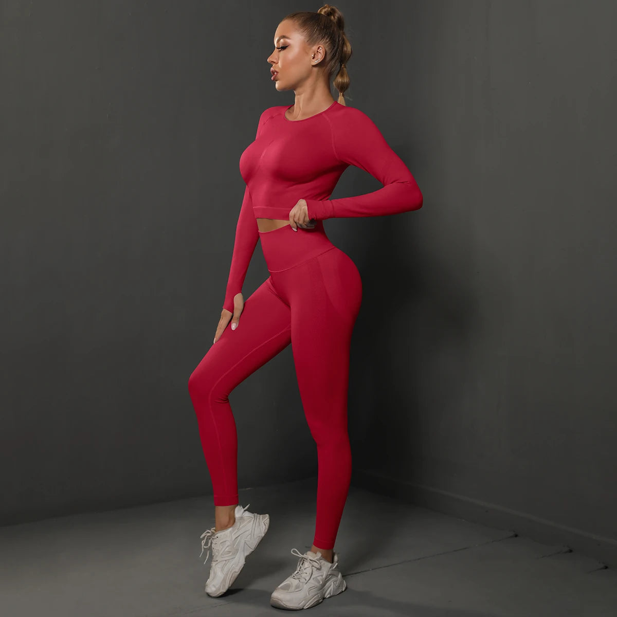 Women's 2-Piece Seamless Gym Set | High Waist Leggings + Long Sleeve Top | Yoga, Running & Fitness Tracksuit