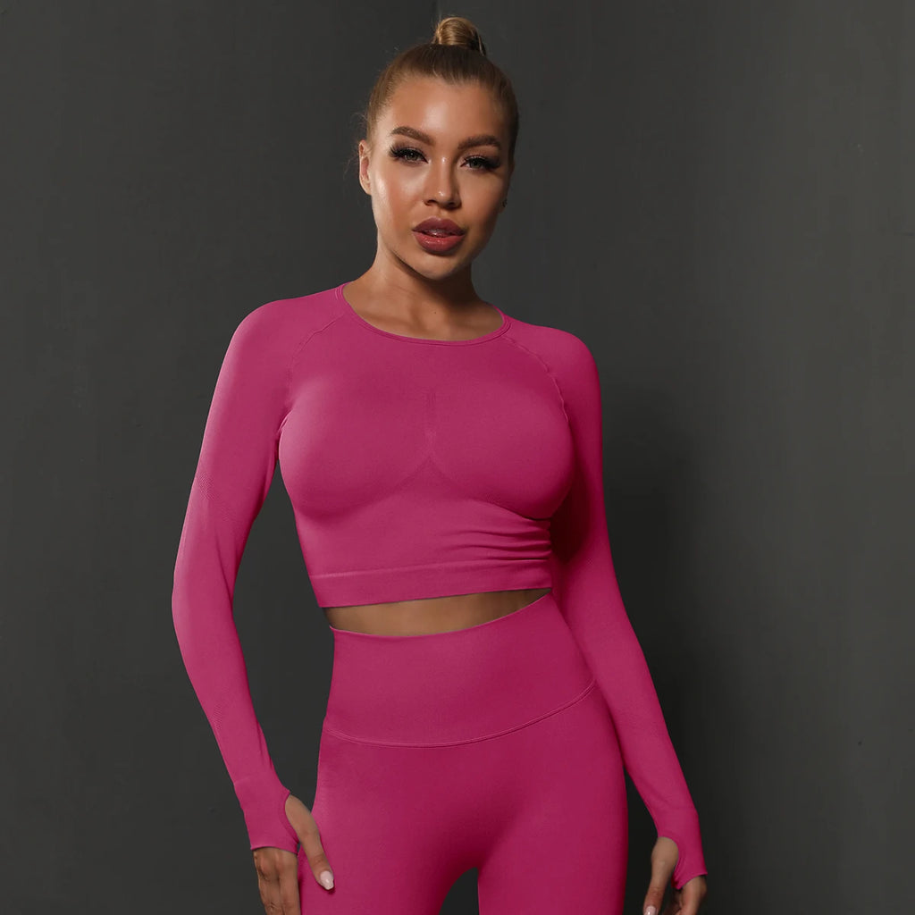 Women's 2-Piece Seamless Gym Set | High Waist Leggings + Long Sleeve Top | Yoga, Running & Fitness Tracksuit