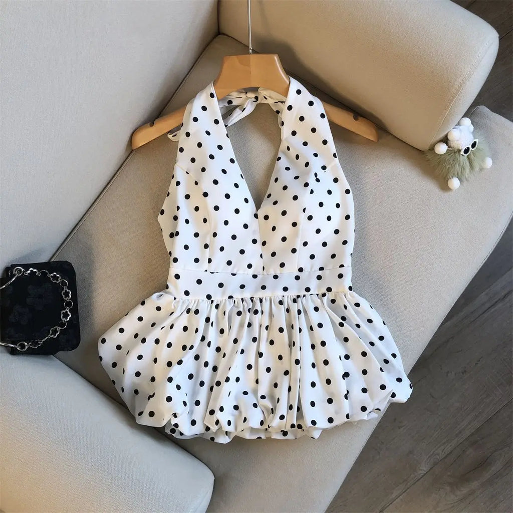 Backless Sexy Halter Beach Babydoll Crop Tops Women Polka Dots V Neck Sleeveless T Shirt Ruffles Basic Tees Not-Padded Pad