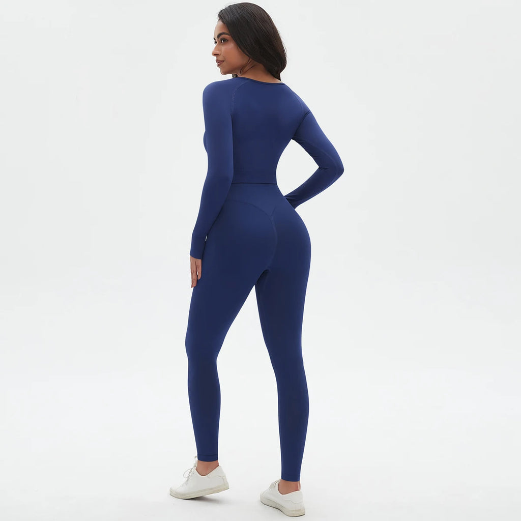 Women's 2-Piece Seamless Workout Set – Long Sleeve Top & High Waist Leggings