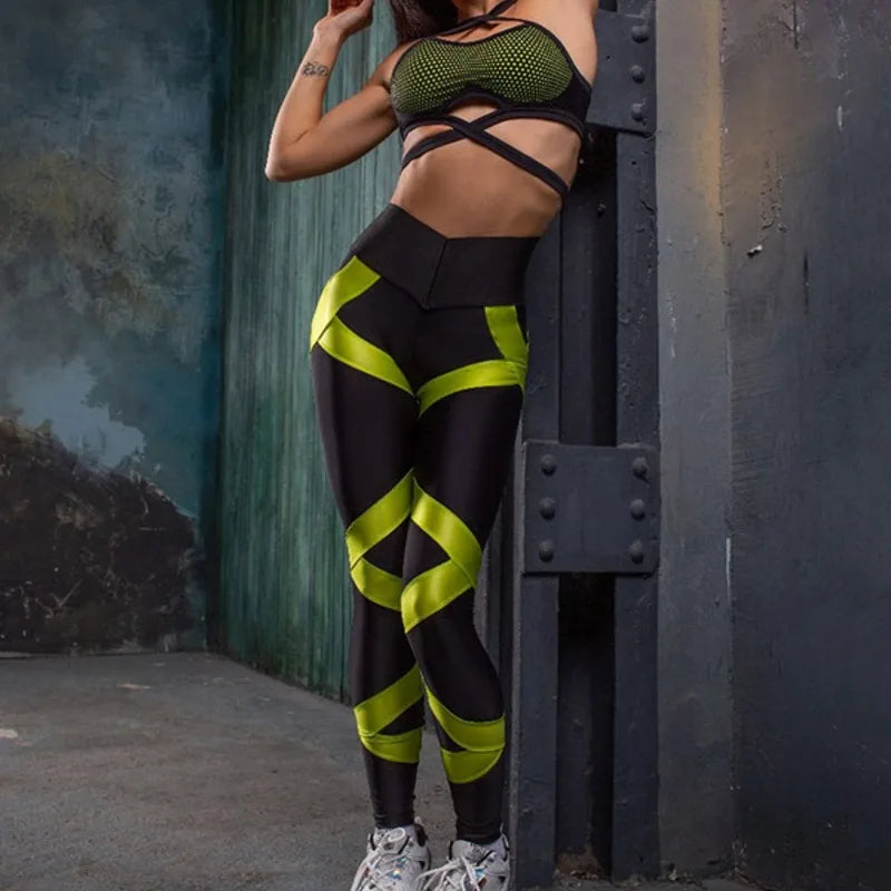 Women’s 2-Piece Workout Set – Lace-Up Top & High Waist Leggings