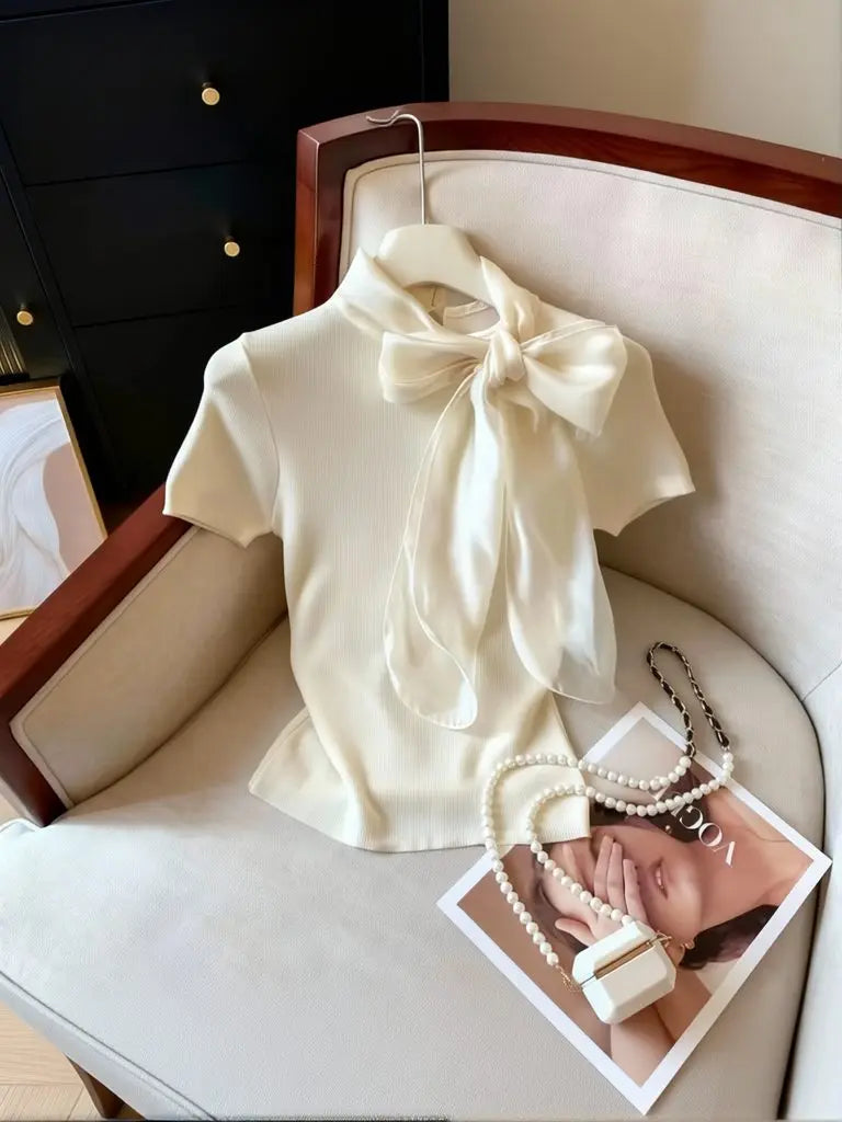 Knit Summer Short Sleeve Tee Women Elegant Luxury Bow Tied T shirt Korean Sweet Work wear Basic Plain Shirt Slim Fitted Pullover