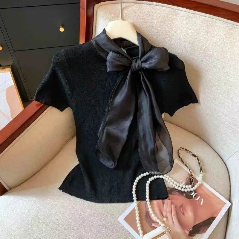 Knit Summer Short Sleeve Tee Women Elegant Luxury Bow Tied T shirt Korean Sweet Work wear Basic Plain Shirt Slim Fitted Pullover