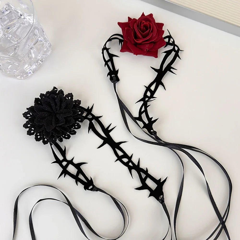 Women’s Gothic Rose Thorn Choker Necklace – Black Lace Floral Necklace for Halloween & Parties