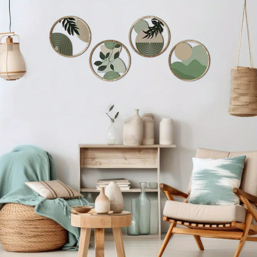 4 Piece Bohemian Wall Art Set - Wooden Geometric Hanging Decor for Baby Room & Farmhouse