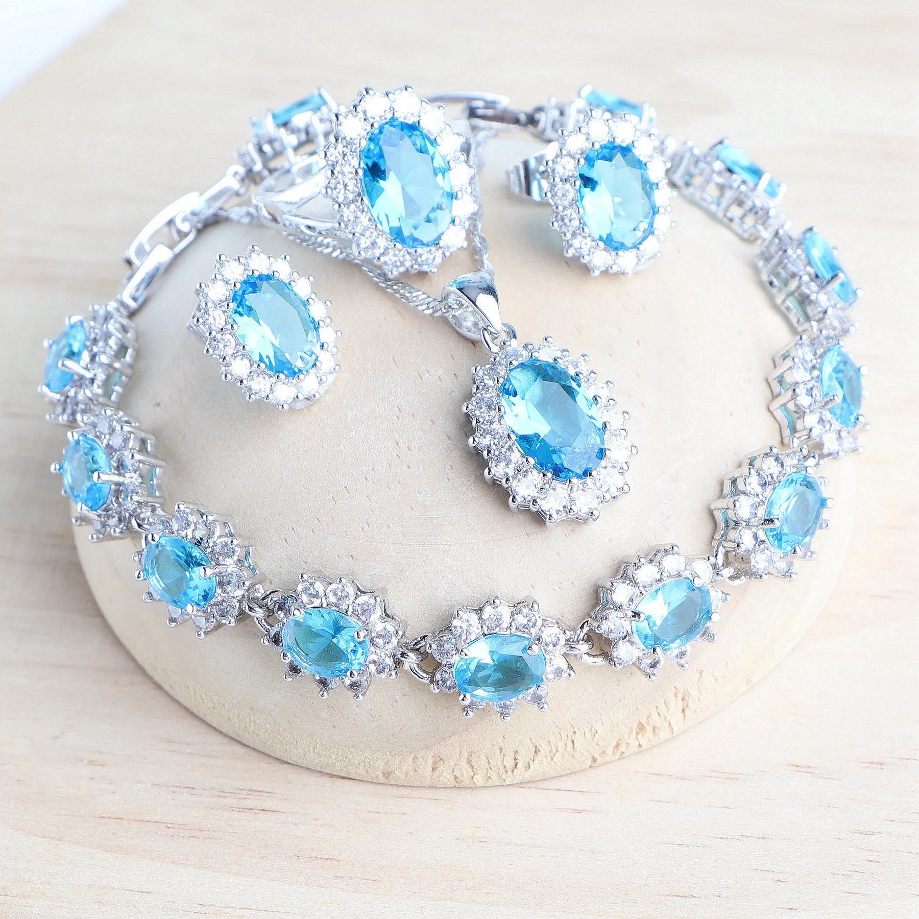 925 Sterling Bridal Jewelry Set – Zirconia Necklace Earrings Ring Bracelet